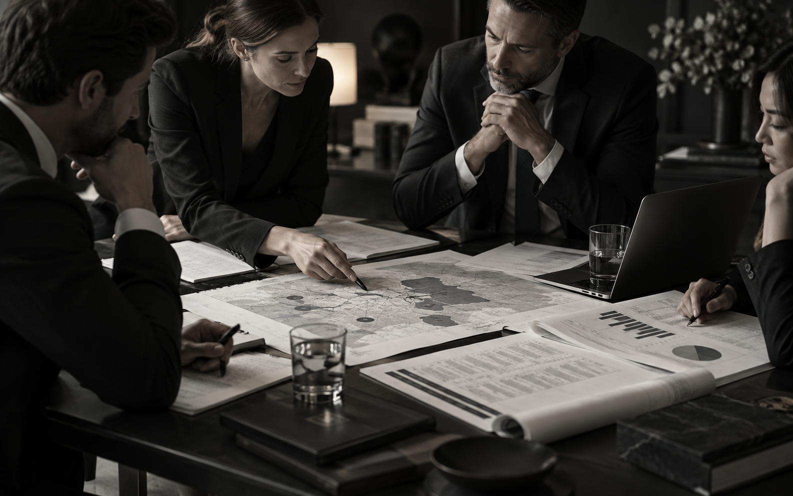 Acquisition team reviewing market and due diligence materials