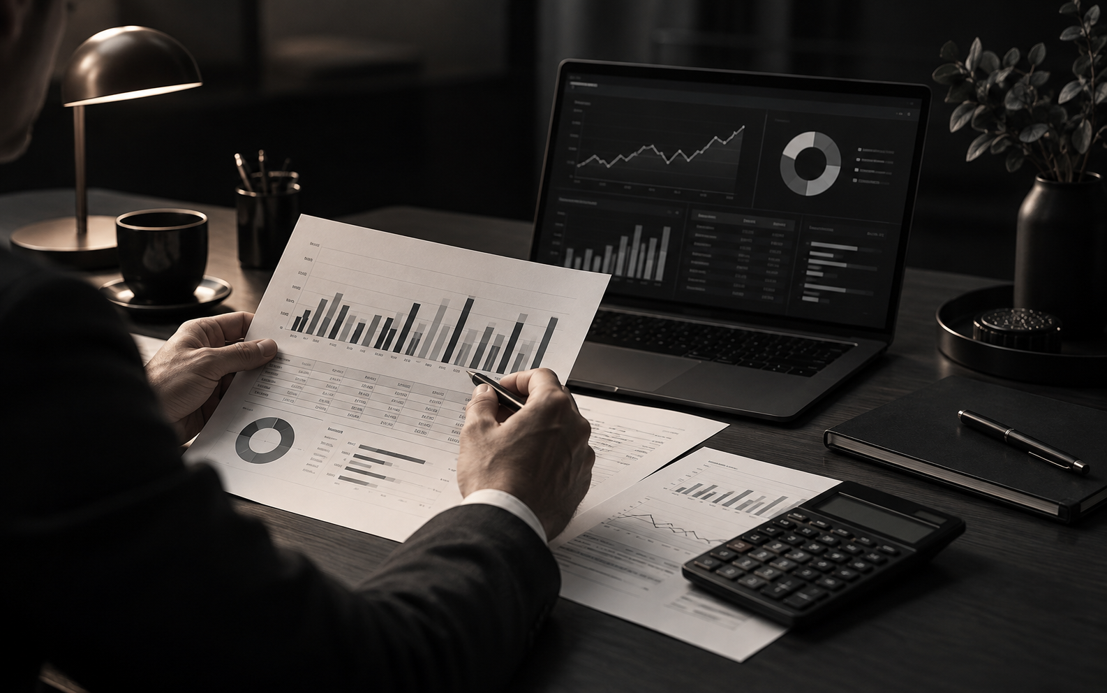 Analyst reviewing property performance reports and financial data