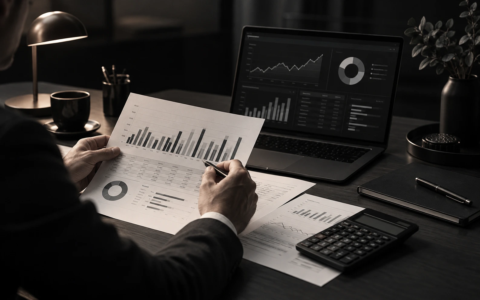 Analyst reviewing property performance reports and financial data