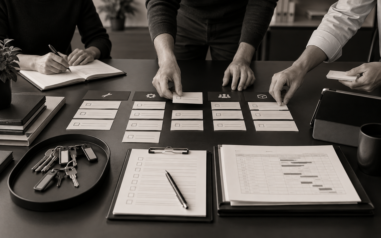 Operations team organizing schedules, vendors and property keys