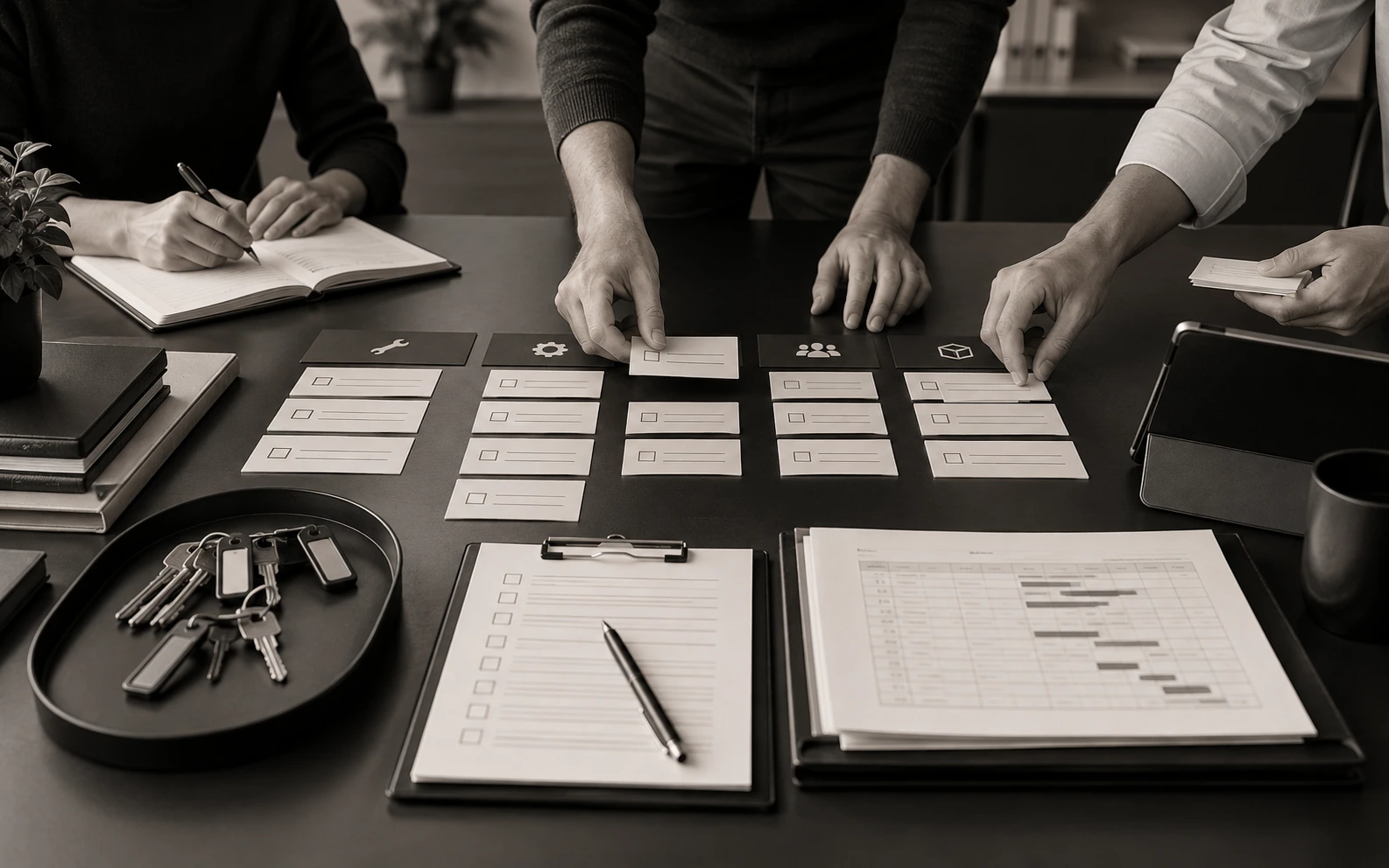 Operations team organizing schedules, vendors and property keys