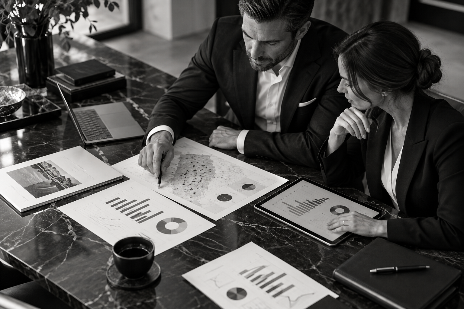 Asset managers reviewing portfolio strategy and performance