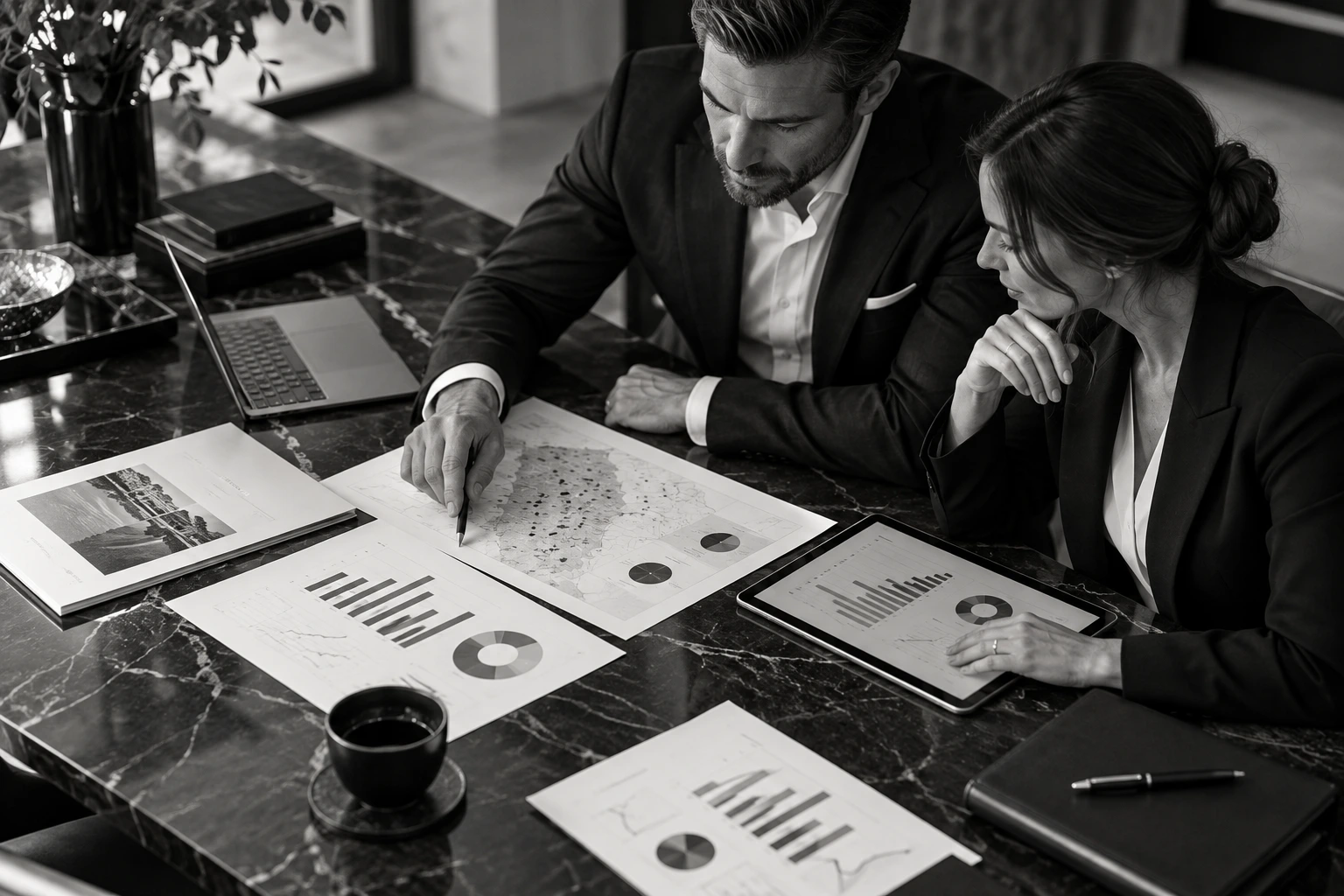 Asset managers reviewing portfolio strategy and performance