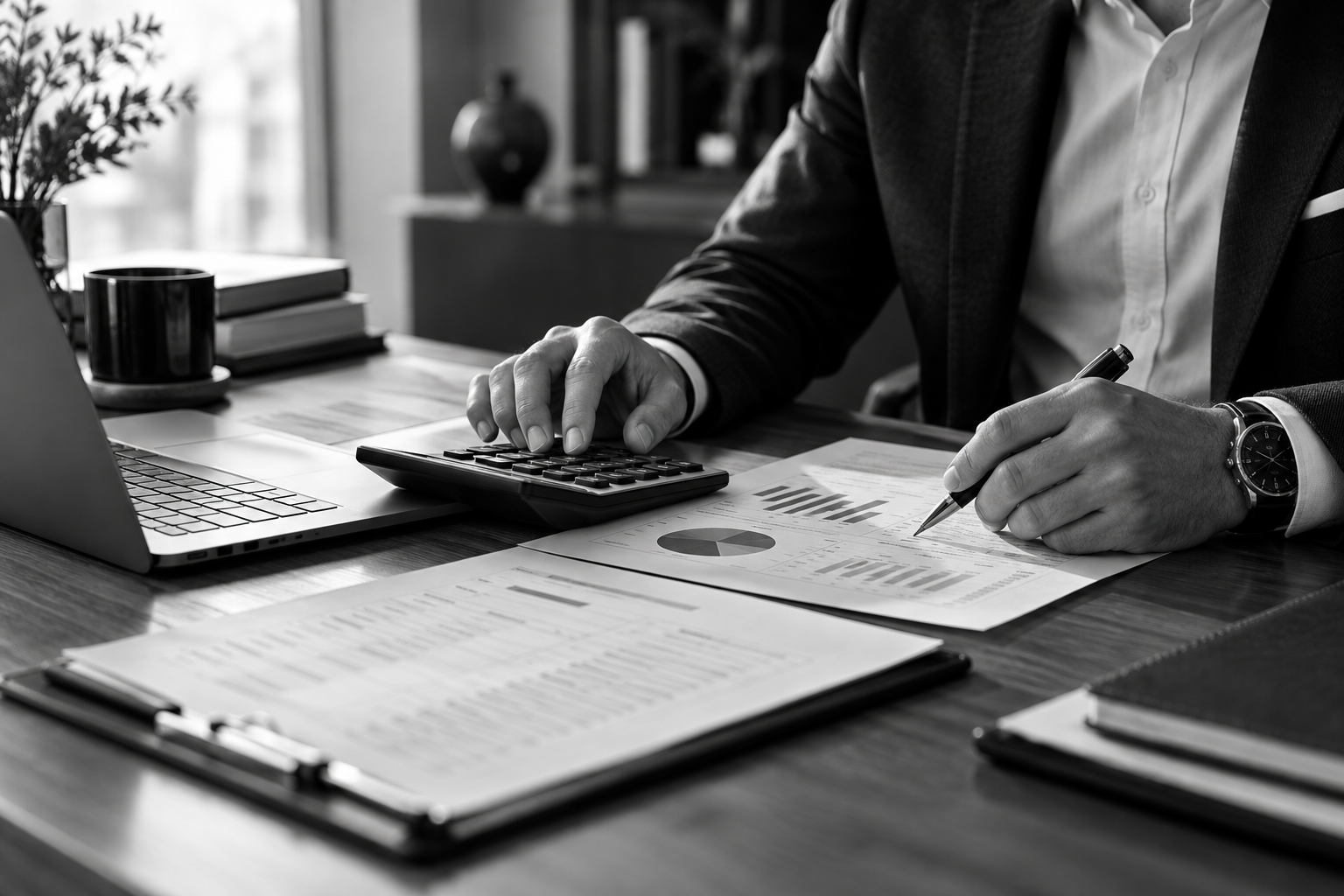 Finance professional reviewing budgets and property reports