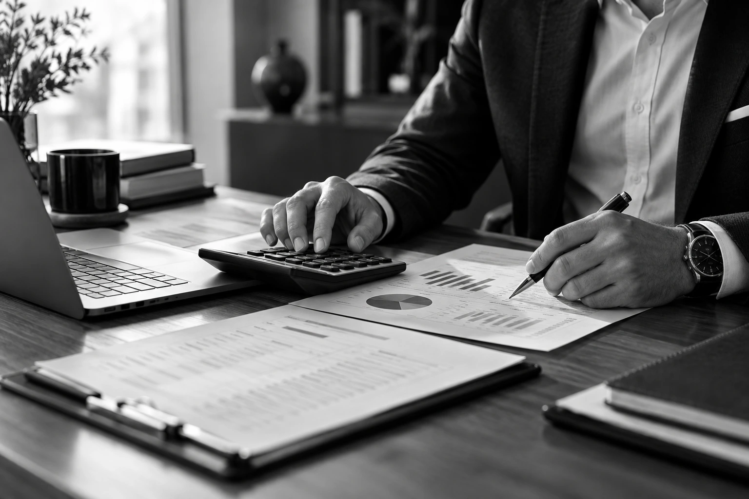 Finance professional reviewing budgets and property reports